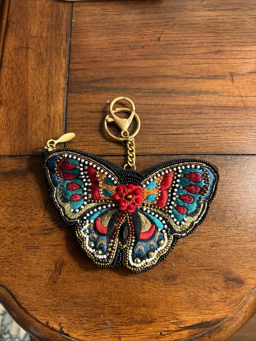 Mary Frances Embroidered Butterfly Key Coin Holder - Red, Teal, Gold, Black